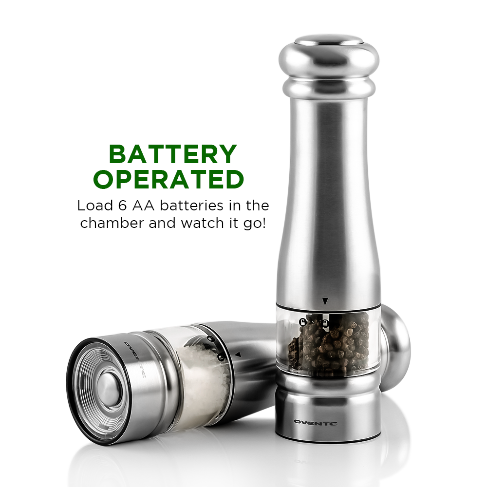 Ovente Electric Stainless Steel Salt and Pepper Grinder Set with Ceramic Blades SPD132S