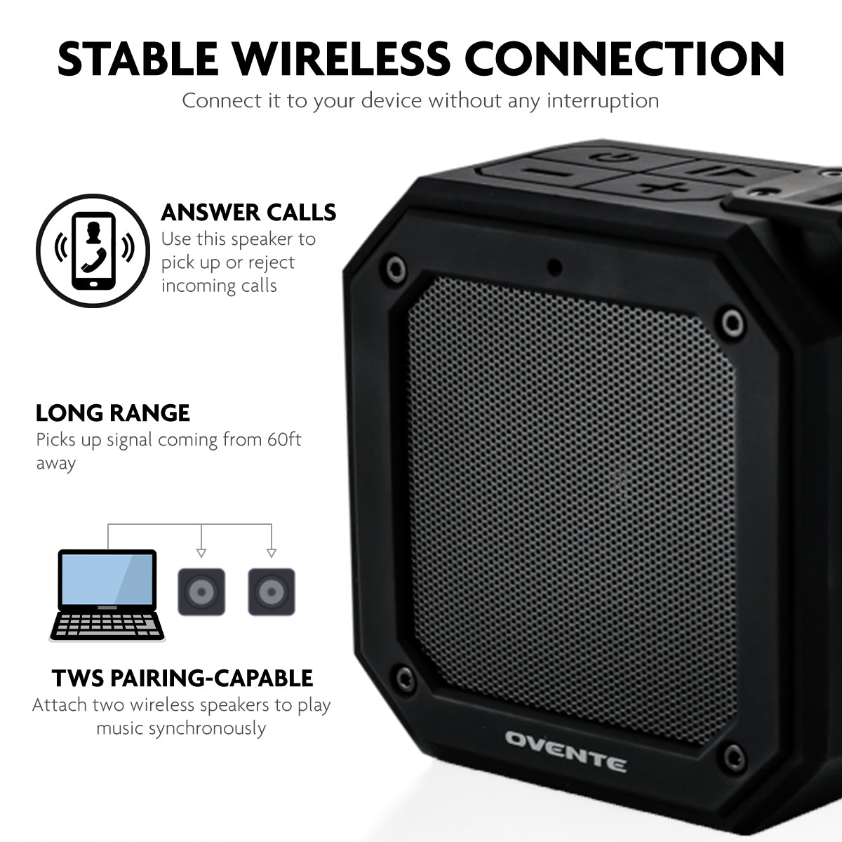 Ovente 2000 mAh Waterproof Wireless Speaker ZA1200B